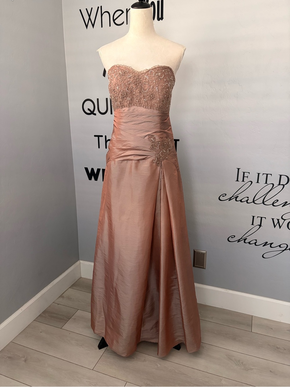 EUC Strapless Rose Gold Evening Gown with Embroidered Bodice Size 10